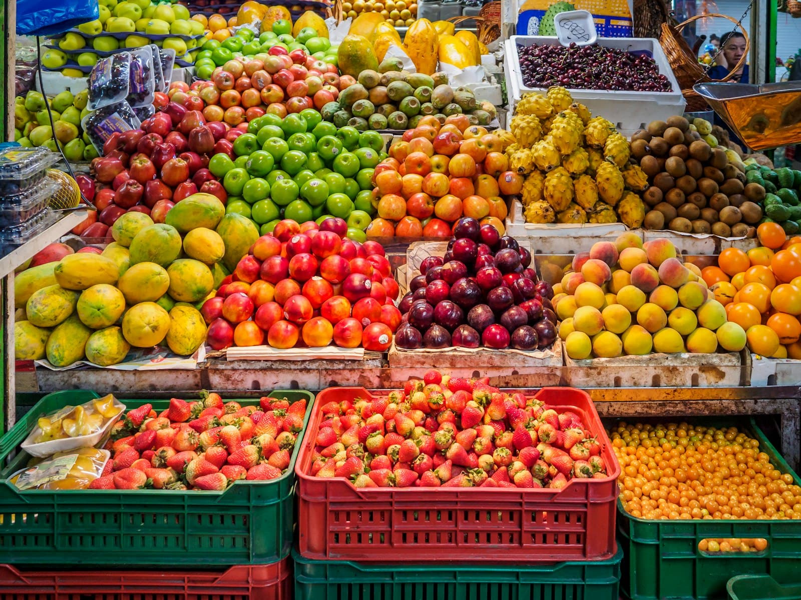 crates of ripe fruit